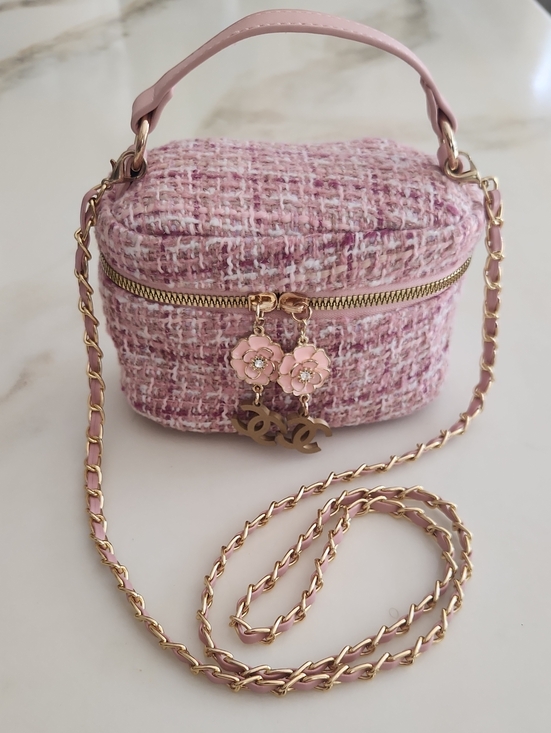 Novelty item Handbags - Pink Tweed Mini Vanity Crossbody Bag with Floral Charms..so Pretty!